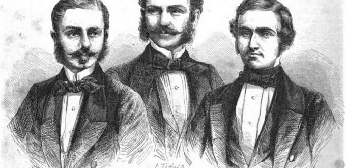 Eine Zeichnung der Brüder Robert, Hermann und Adolphe Schlagintweit. Bildquelle: https://commons.wikimedia.org/wiki/File:Le_Tour_du_monde-01-p004.jpg, Lizenz: CC BY-SA 4.0